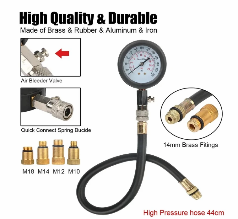 Gasoline Engine Compression Tester with M10 M12 M14 M18 Adapters