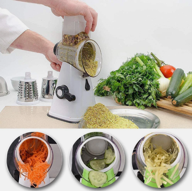 3in1 Multi-function Food Vegetable Manual Rotary Drum Grater Chopper Slicer Tool