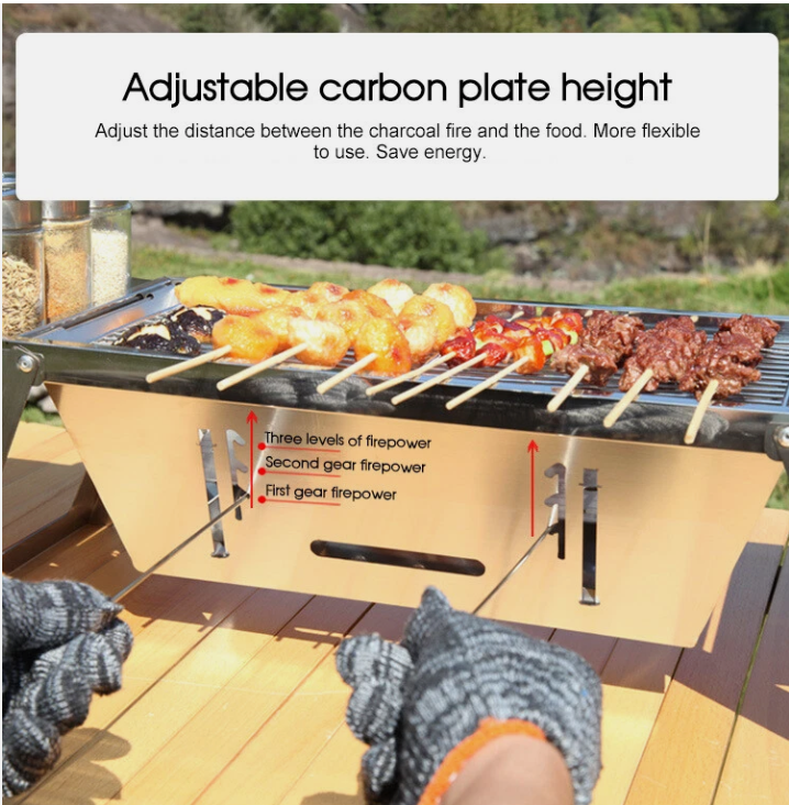 Portable Camping BBQ Grill 3 Hight Adjustable Stainless Steel Folding V7Y5