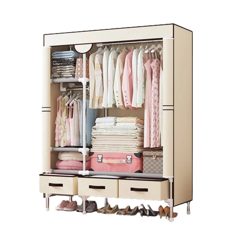 Rolling Door Wardrobe with Hanging Rack Non-woven Fabric Storage Organizer