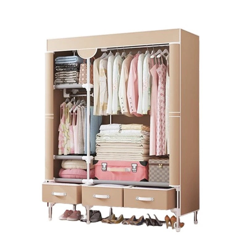 Rolling Door Wardrobe with Hanging Rack Non-woven Fabric Storage Organizer