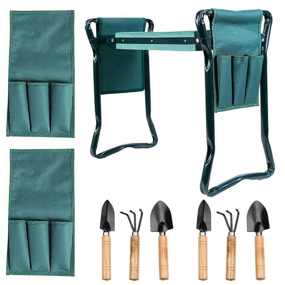 New 2 in1 GARDEN KNEELER PADDED PAD SEAT STOOL GARDENING WORK 6 TOOLS + 2 POUCHES AU