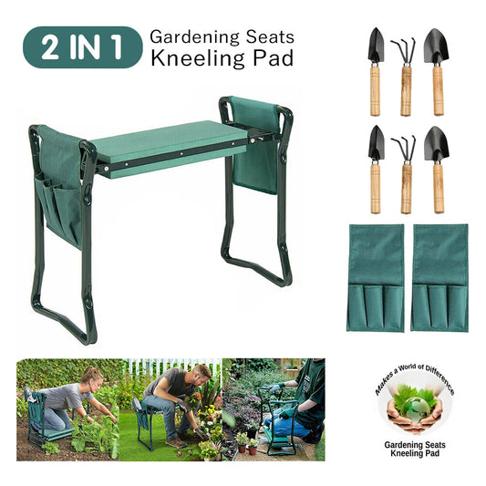 New 2 in1 GARDEN KNEELER PADDED PAD SEAT STOOL GARDENING WORK 6 TOOLS + 2 POUCHES AU