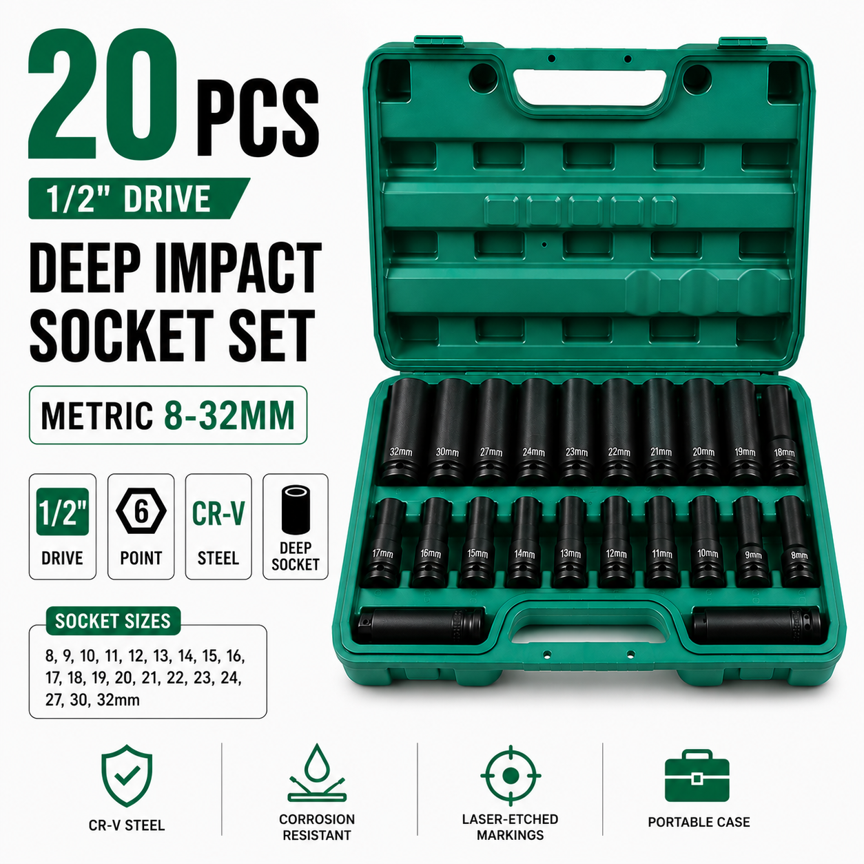 20PCS 8-32MM 1/2" Drive Deep Impact Socket Set CR-V Steel Metric Sockets Long AU
