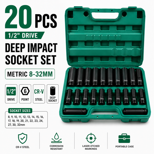 20PCS 8-32MM 1/2" Drive Deep Impact Socket Set CR-V Steel Metric Sockets Long AU