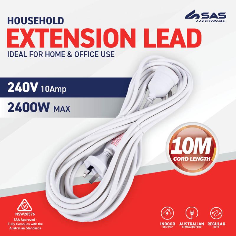 Extension Lead 3/5/10 Meter White 240V 10A Max Load 2400W