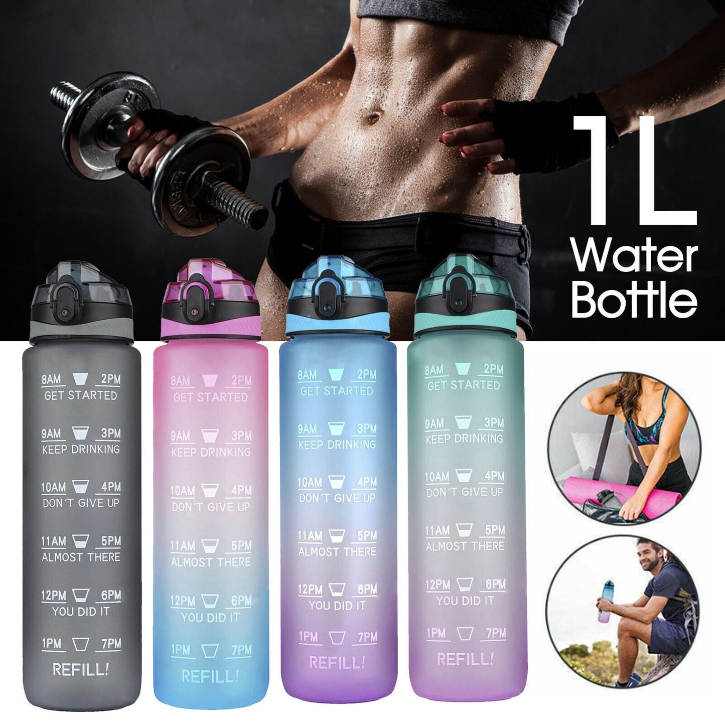 Water Bottle 1L Motivational Drink Flask With Time Markings Sport Gym