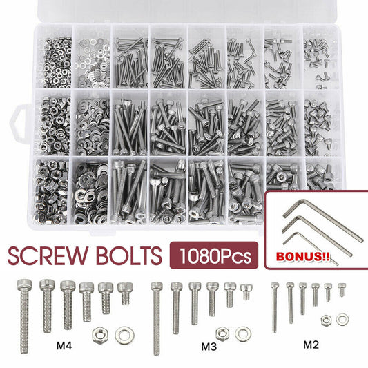 M2/M3/M4 Stainless Steel Bolts Nuts Screws Hex Head Assorted 1080pcs Kit Set