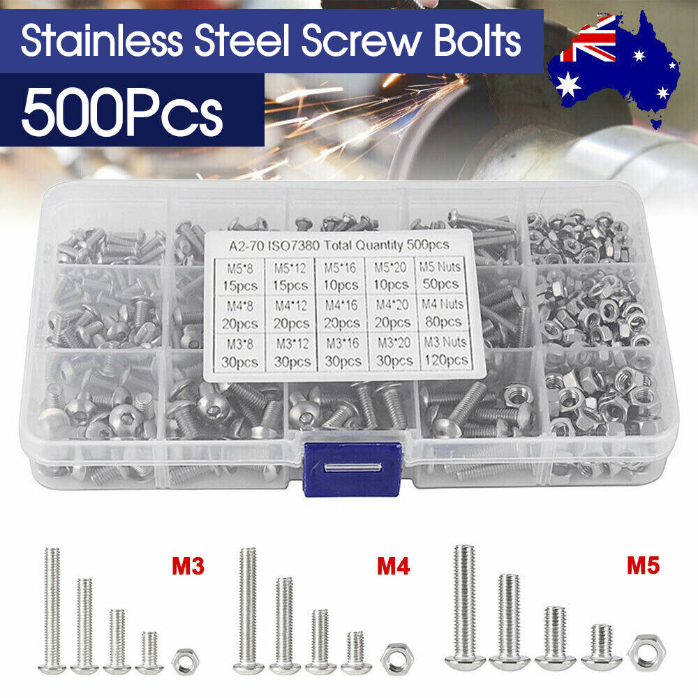 M3 M4 M5 304 500pc Stainless Steel Hex Socket Button Head Bolts Screws Nuts Kit