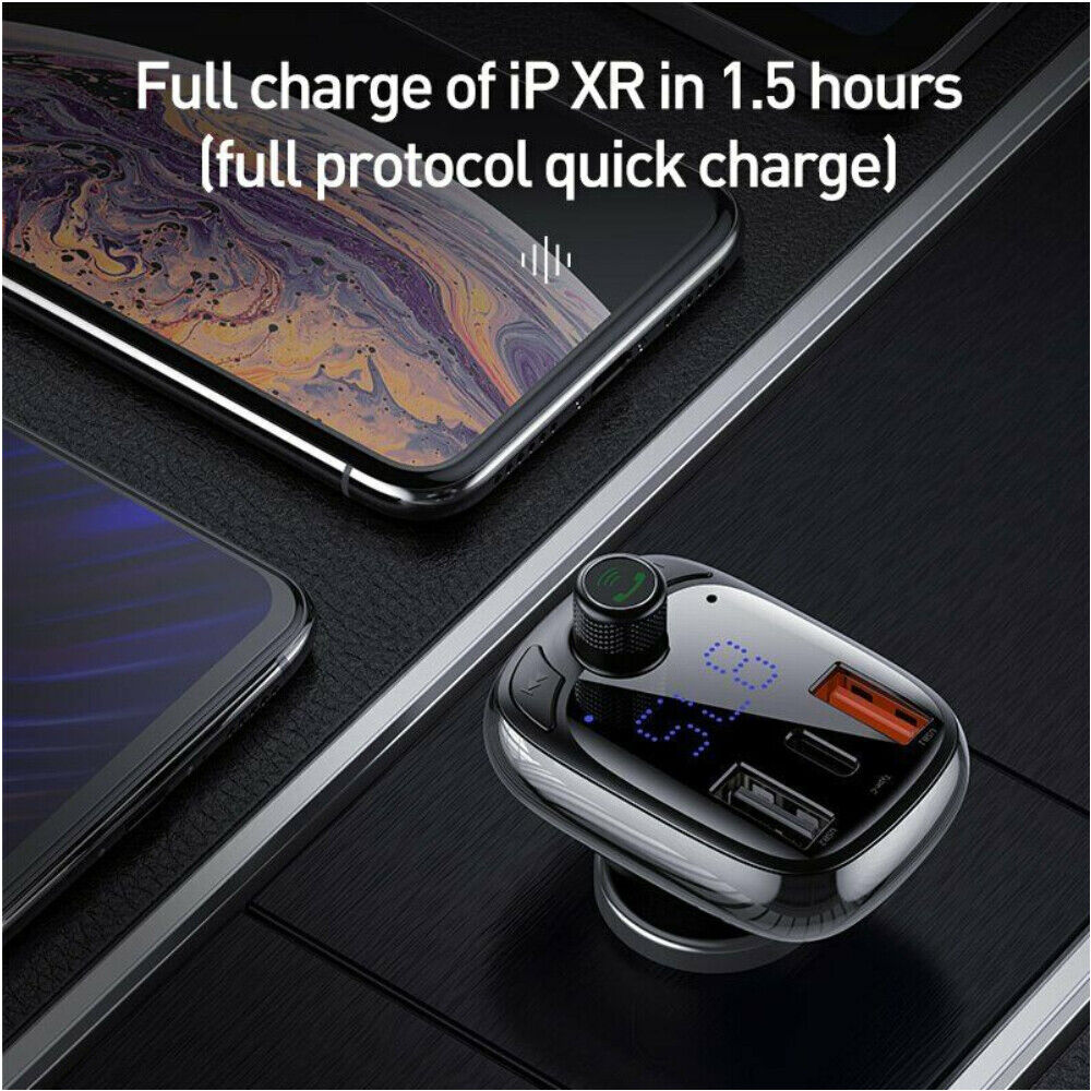 Baseus Bluetooth 5.0 FM Transmitter Car Kit Adapter MP3 Player Dual USB Charger