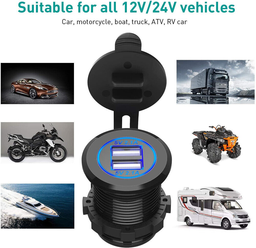 12-24V 2 USB Charger Power Socket Plug Car Boat Outlet 4.2A Adapter Waterproof