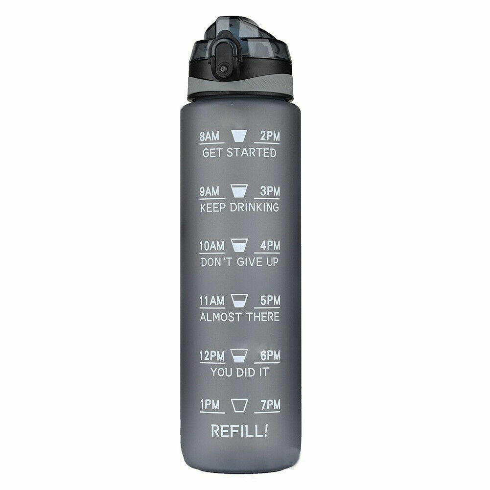 Water Bottle 1L Motivational Drink Flask With Time Markings Sport Gym