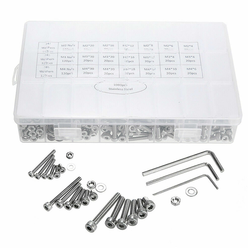 M2/M3/M4 Stainless Steel Bolts Nuts Screws Hex Head Assorted 1080pcs Kit Set