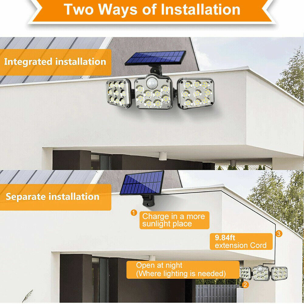 3 Head Solar Motion Sensor Light Outdoor Garden Wall Security Flood Lamp 138 LED