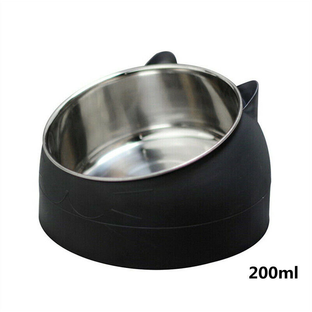 200ml Pet Cat Dog Bowl Stainless Steel Tilted Water Food Feeder No Slip Raised