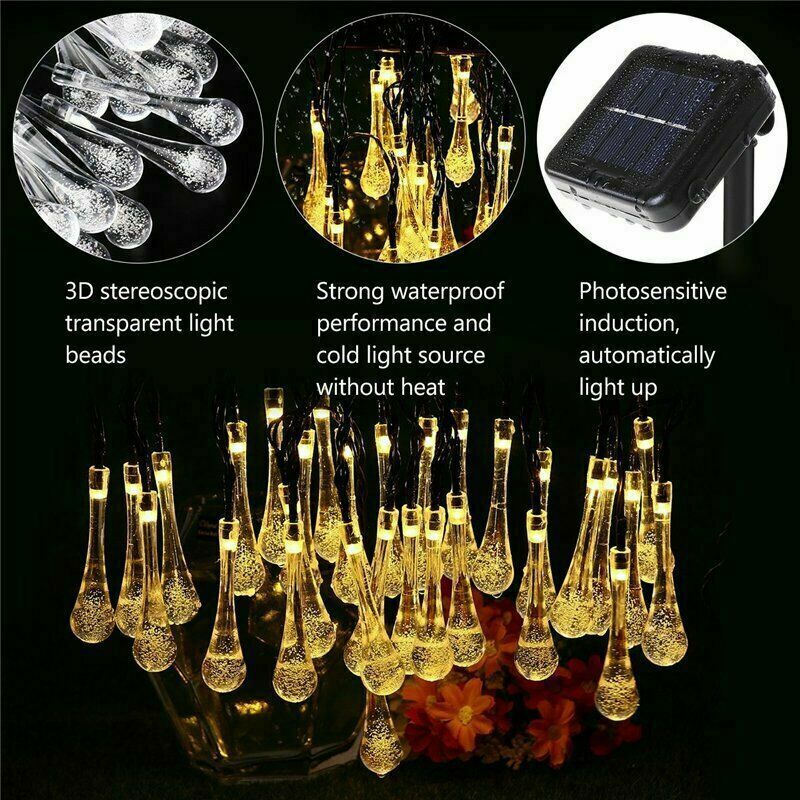 20/30/50LED Raindrop Solar Powered Fairy String Lights Outdoor Garden Party Xmas