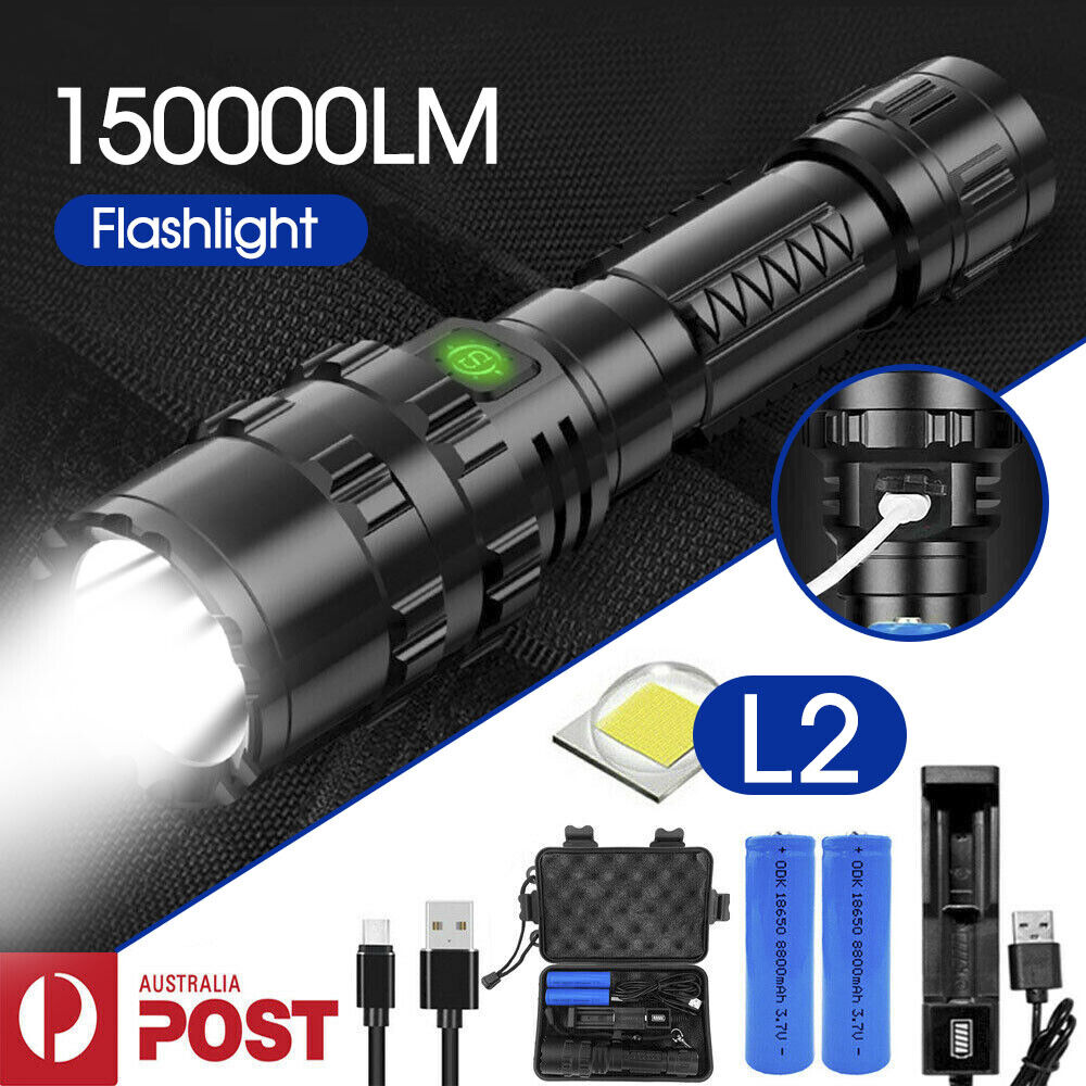 150000LM CREE L2 LED Tactical Flashlight USB Rechargeable Camping Hunting Torch