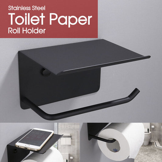 Toilet Paper Roll Stainless Steel Holder Storage + Phone Shelf Bathroom Washroom