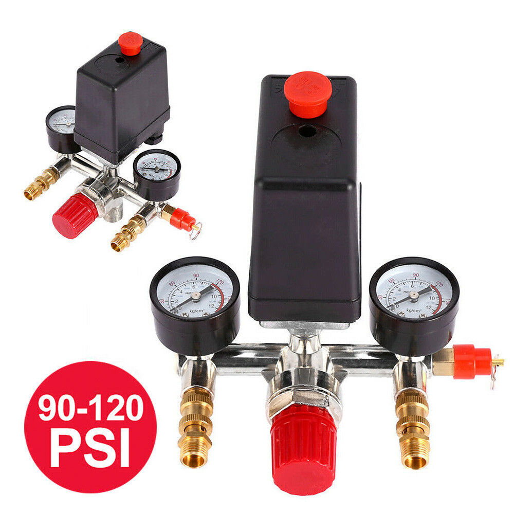 90-120PSI Air Compressor Pressure Switch Control Valve Manifold Regulator Gauges