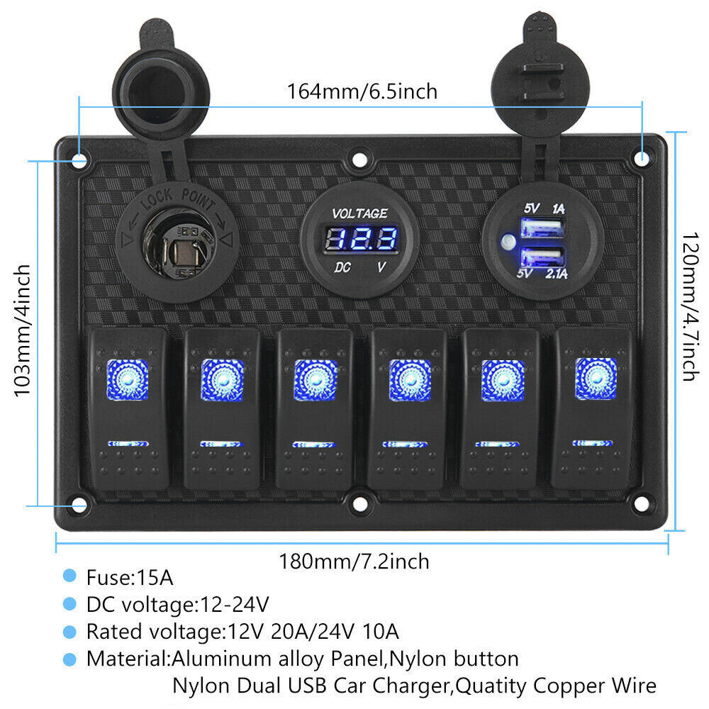 12V 6 Gang Switch Panel LED Light Rocker Circuit Breaker For Car RV Boat Marine