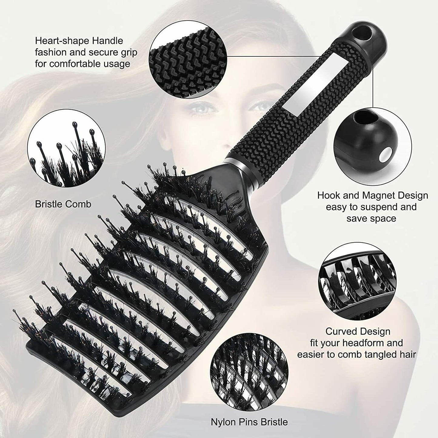 Women Detangling Nylon Bristle Brush Detangle Hairbrush Head Scalp Massage Comb