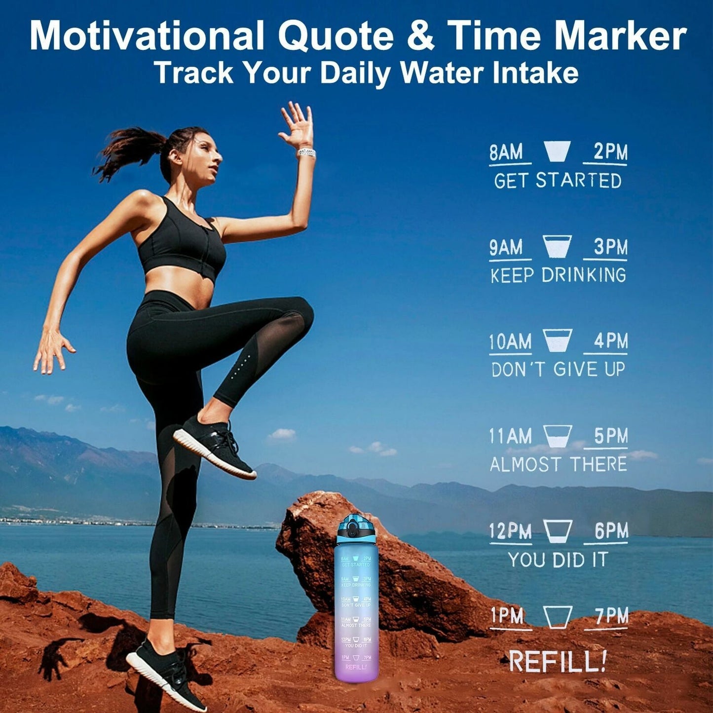 Water Bottle 1L Motivational Drink Flask With Time Markings Sport Gym