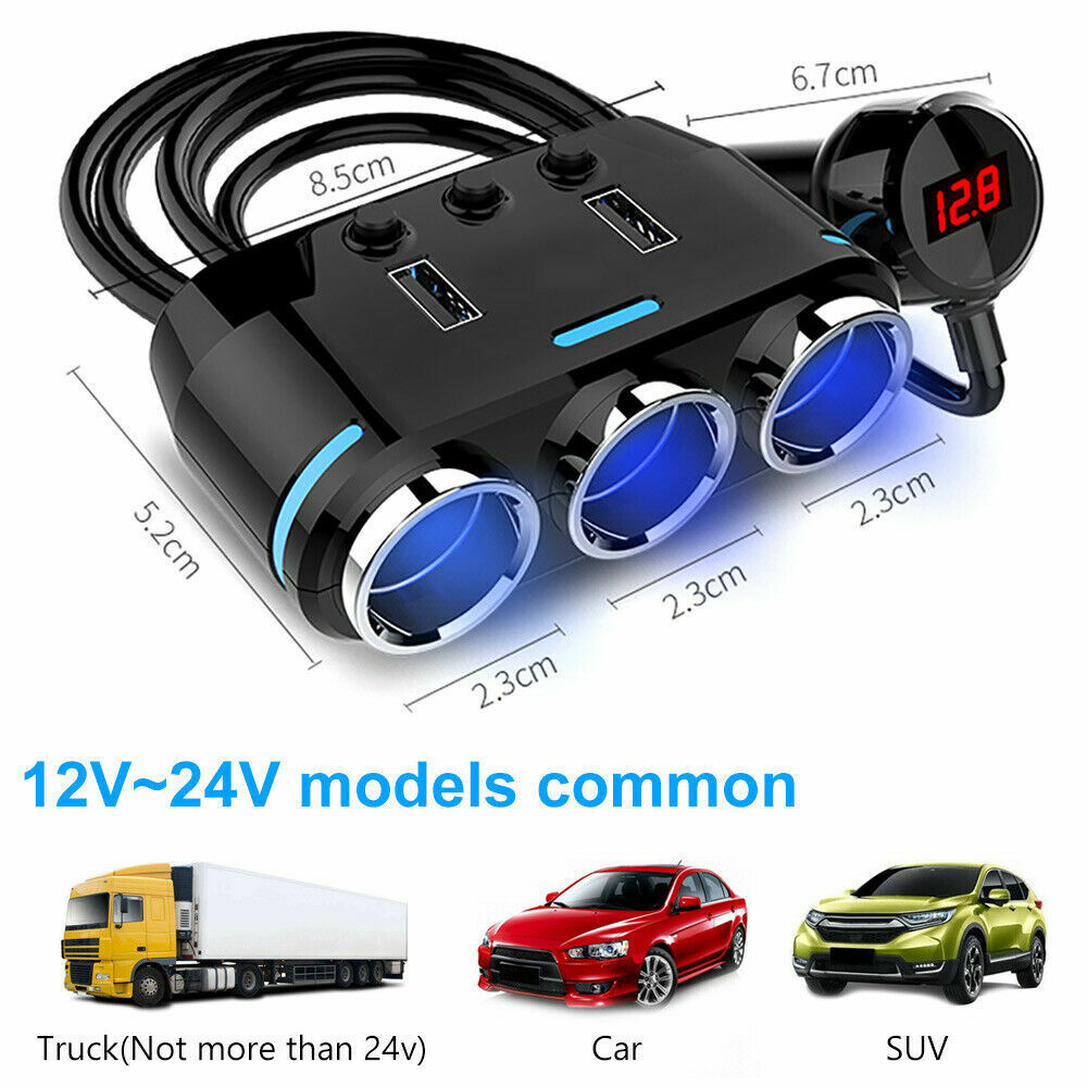 12V 3-USB Port LCD Car Charger Lighter Double Power Adapter Socket Splitter AU