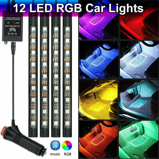 4PCS 12V 12LED RGB Car Interior LED Strip Lights Wireless Remote Control Music