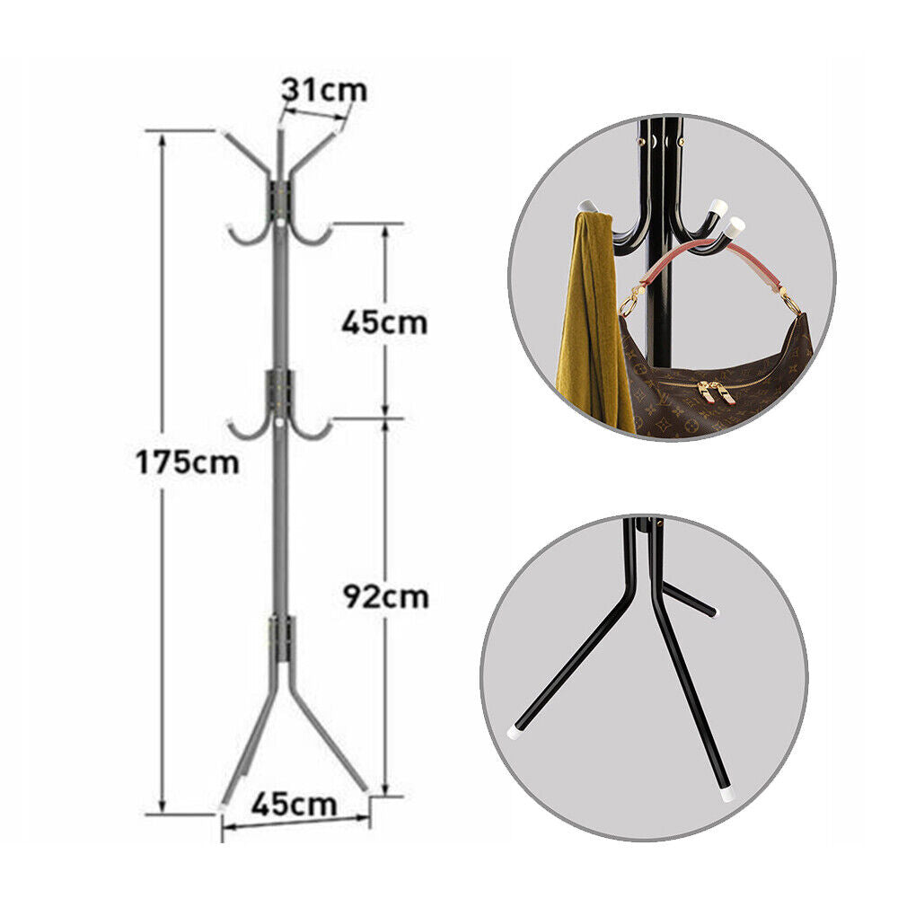 12 Hook Coat Hanger Stand 3-Tier Hat Clothes Rack Metal Tree Style Storage Black