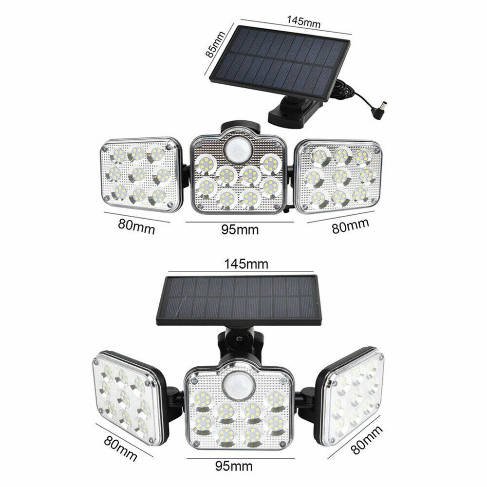 3 Head Solar Motion Sensor Light Outdoor Garden Wall Security Flood Lamp 138 LED