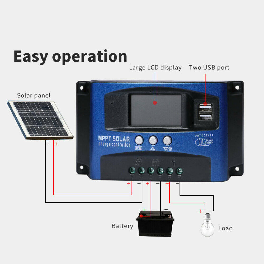 30/40/50/100A Solar Panel Charge Controller 12V 24V Regulator Auto Dual USB Mppt