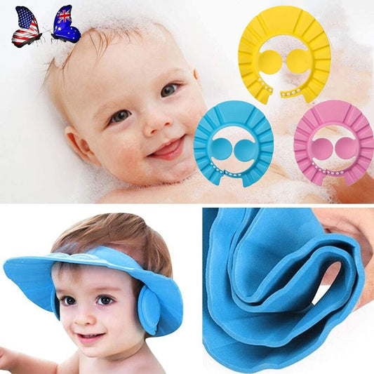ADJUSTABLE BABY SHOWER CAP CHILDREN BATH HAT SHAMPOO SHIELD WASH HAIR EAR COVERS