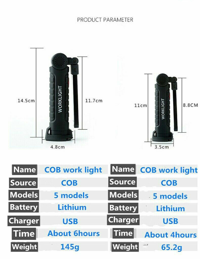 Large Rechargeable COB LED Hand Torch Flashlight Work Light Lamp Magnetic