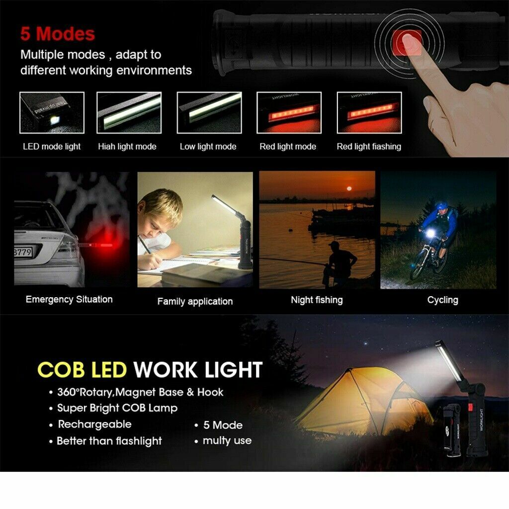 Large Rechargeable COB LED Hand Torch Flashlight Work Light Lamp Magnetic