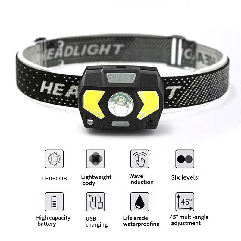 LED Head Torch Headlight COB Camping Headlamp USB Rechargeable Flashlight Lamp