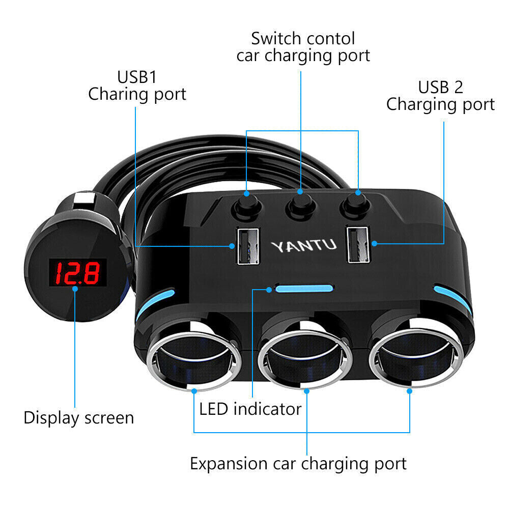 12V 3-USB Port LCD Car Charger Lighter Double Power Adapter Socket Splitter AU