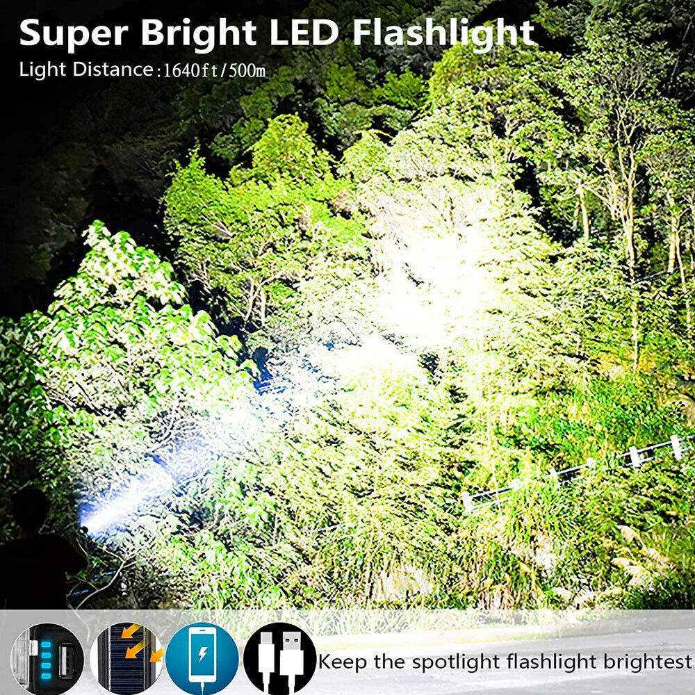 Solar LED Searchlight USB Rechargeable Spotlight Flashlight Torch Power Bank AU