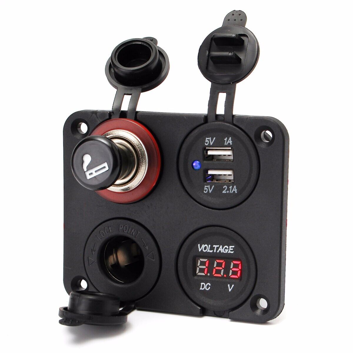 1x12V-24V Car Dual Lighter Plug Socket+Dual USB Port Charger+Voltmeter