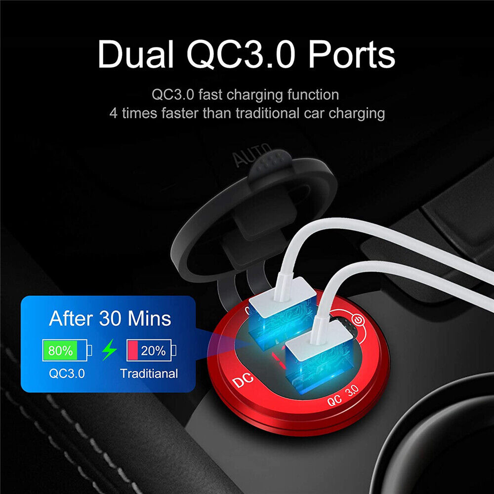 Waterproof Fast Car Phone Charger QC3.0 Dual USB Power Adapter Cigarette Lighter