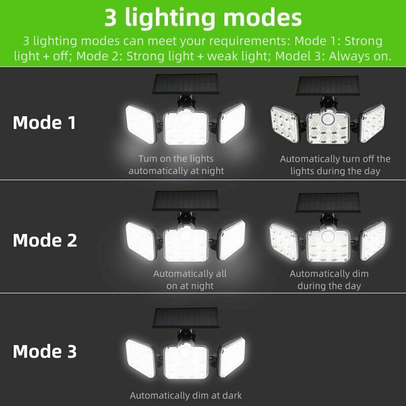 3 Head Solar Motion Sensor Light Outdoor Garden Wall Security Flood Lamp 138 LED