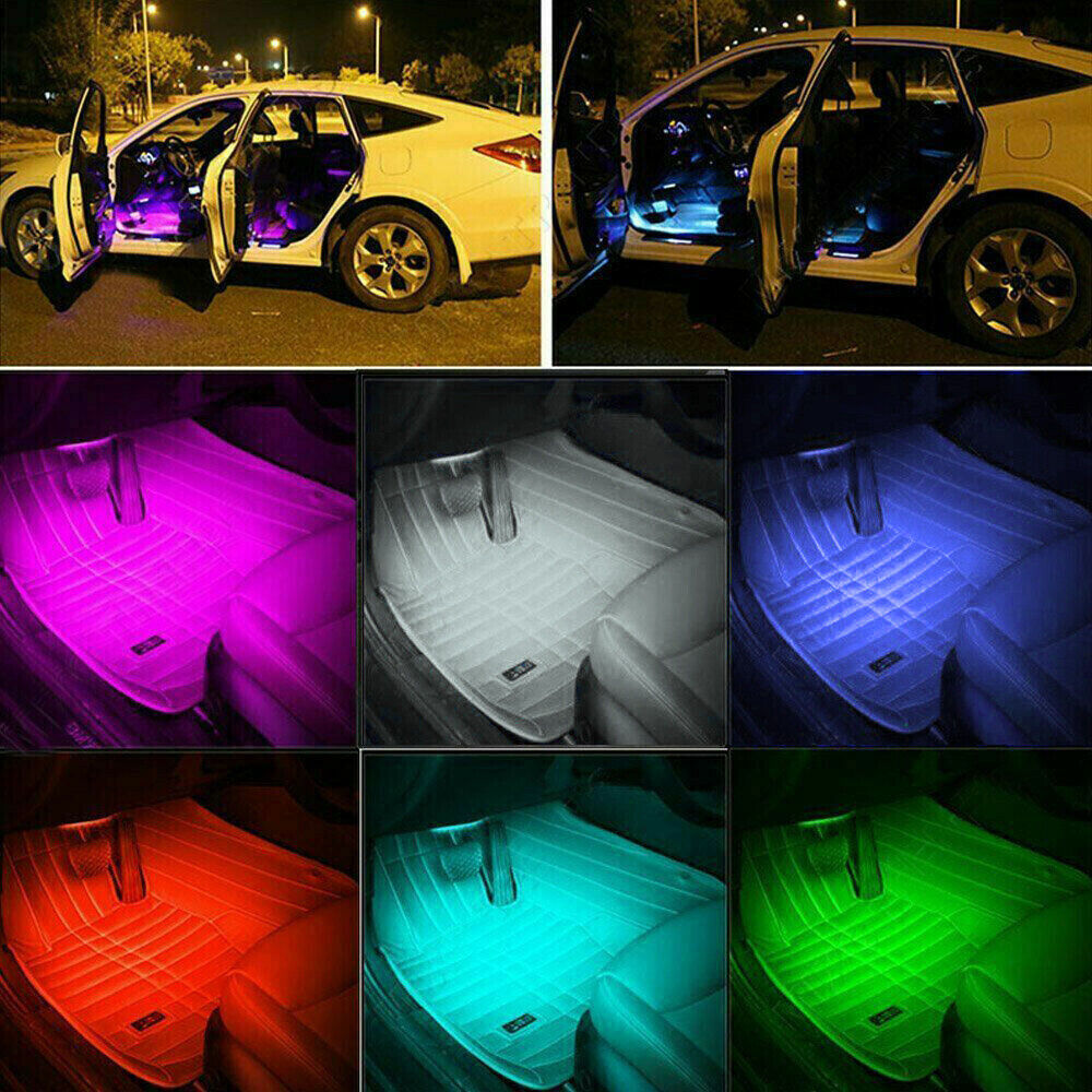 4PCS 12V 12LED RGB Car Interior LED Strip Lights Wireless Remote Control Music