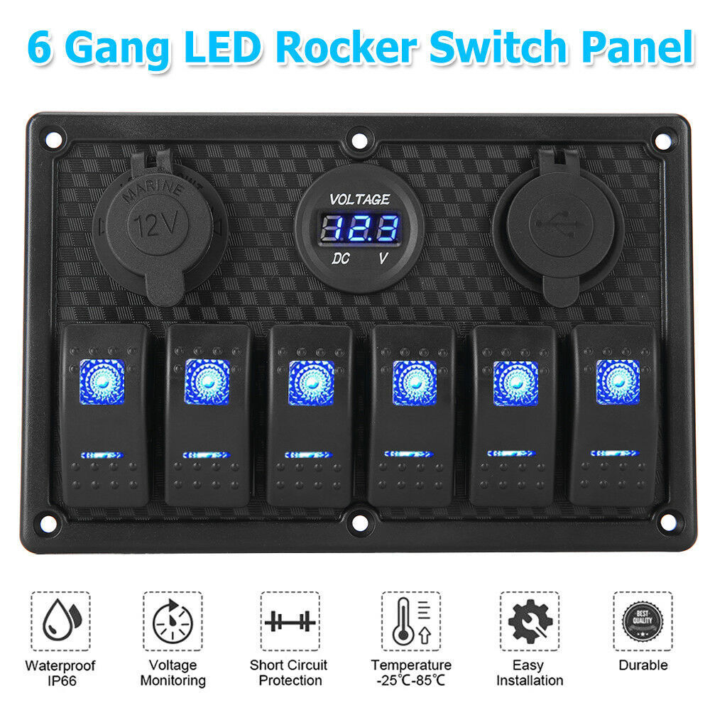 12V 6 Gang Switch Panel LED Light Rocker Circuit Breaker For Car RV Boat Marine