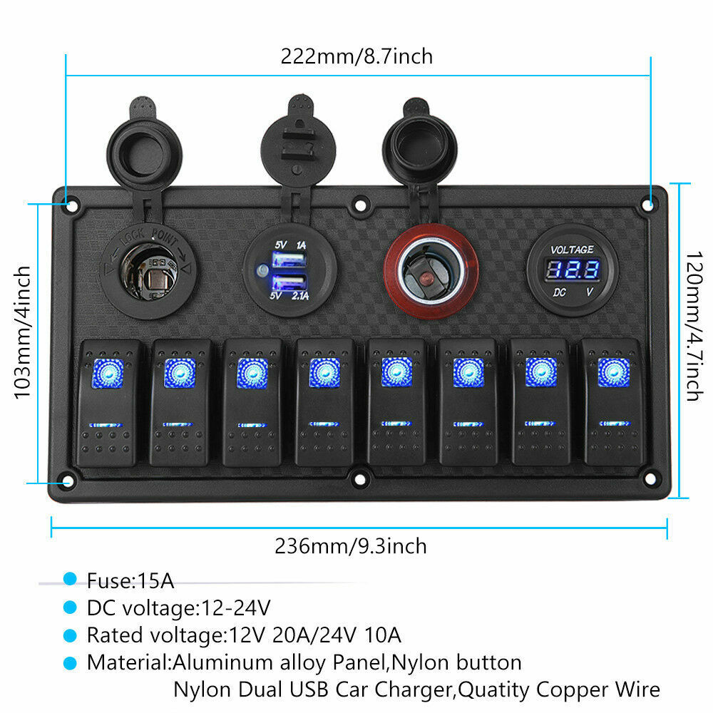 8 Gang 12V Rocker Switch Panel Waterproof Circuit Breaker Boat Marine Voltmeter