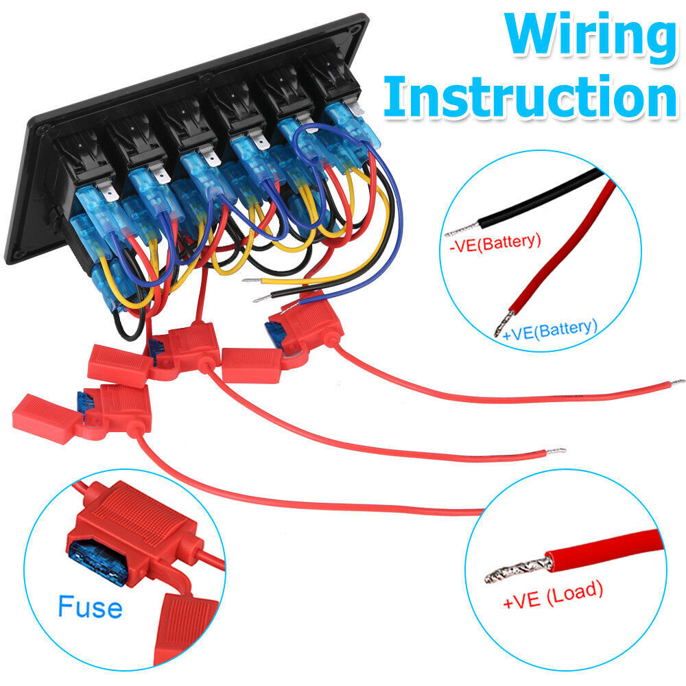 12V 6 Gang Switch Panel LED Light Rocker Circuit Breaker For Car RV Boat Marine