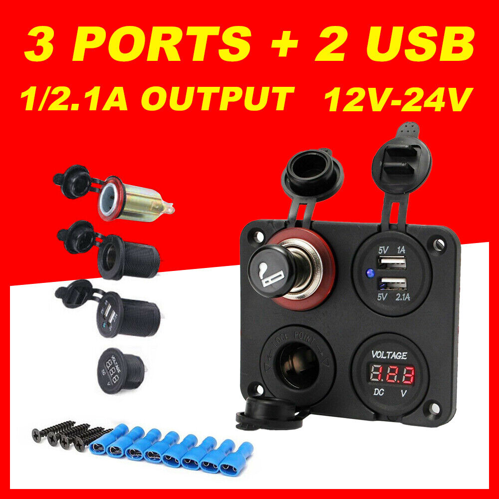 1x12V-24V Car Dual Lighter Plug Socket+Dual USB Port Charger+Voltmeter