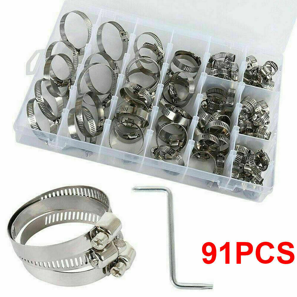 Stainless Steel Hose Clamps Clips Adjustable Range Worm Gear Pipe Clamp 91X Kit