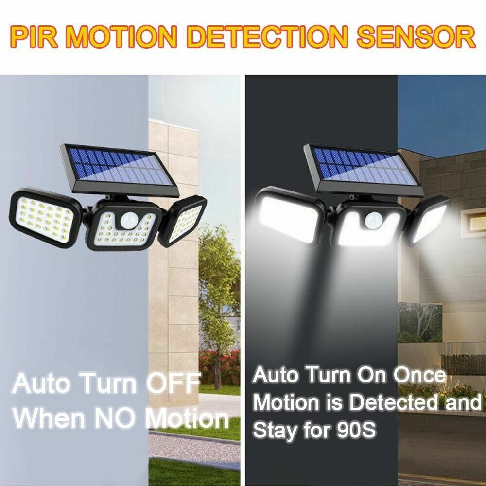 74LEDs 3 Head Solar Motion Sensor Light Outdoor Garden Wall Security Flood Lamp