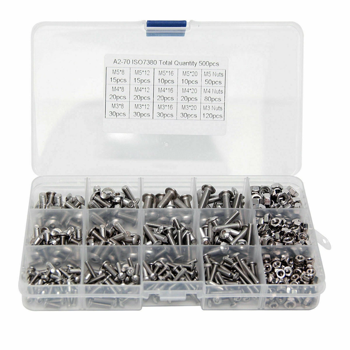 M3 M4 M5 304 500pc Stainless Steel Hex Socket Button Head Bolts Screws Nuts Kit