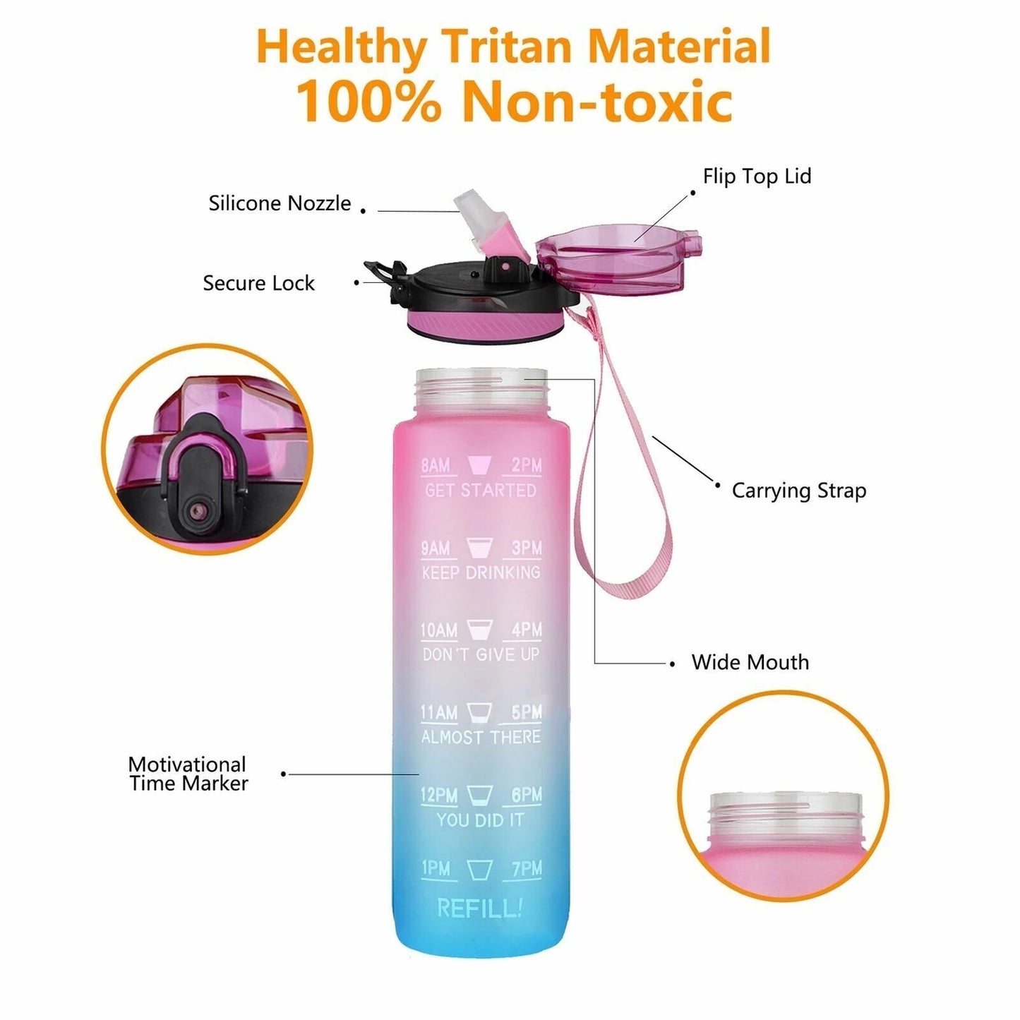 Water Bottle 1L Motivational Drink Flask With Time Markings Sport Gym