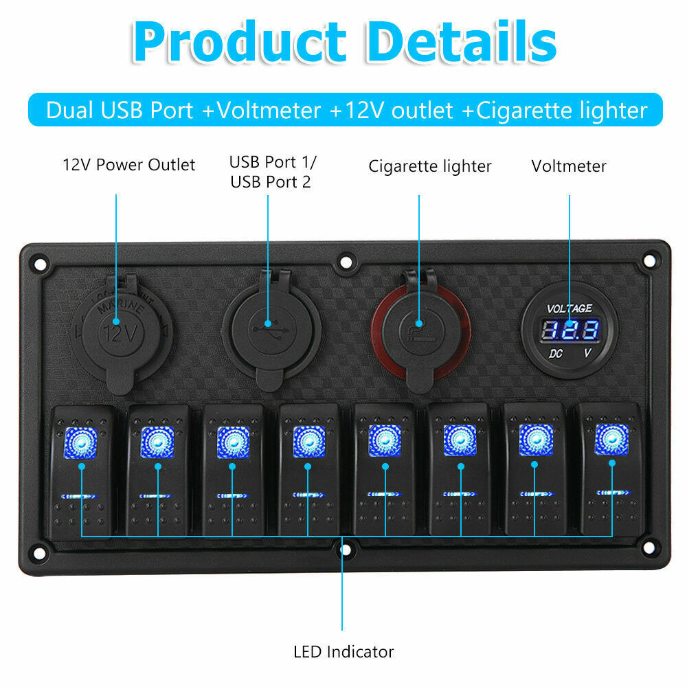 8 Gang 12V Rocker Switch Panel Waterproof Circuit Breaker Boat Marine Voltmeter